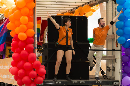 The participants of Gay pride parade in Paris, France.