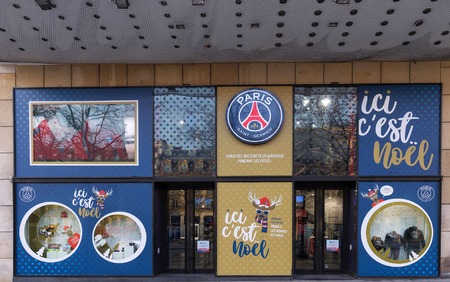 The official store of Paris Saint-Germain, the French capitals football team on Champs Elysees...
