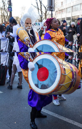 The performer in traditional costume at the chinese lunar new year parade in Paris, France.のeditorial素材