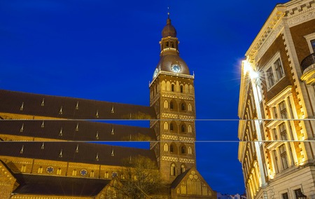 Historical building of Riga Dome Cathedral at night , Latvia.