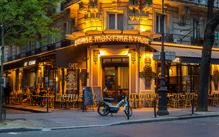The French traditional cafe Au cepage Montmartrois at night, Paris, France.のeditorial素材