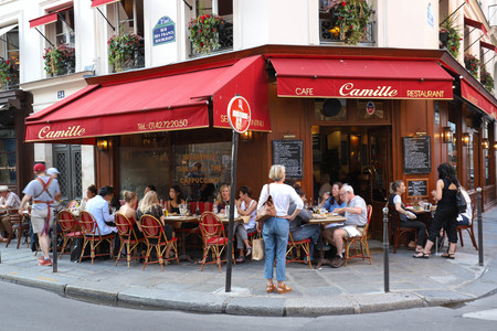 View of typical French cafe Camille in the quarter Marais, the historic Parisian district set on the Right Bank .のeditorial素材