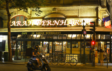 The famous French cafe Sarah Bernardt at night , Paris, France.のeditorial素材