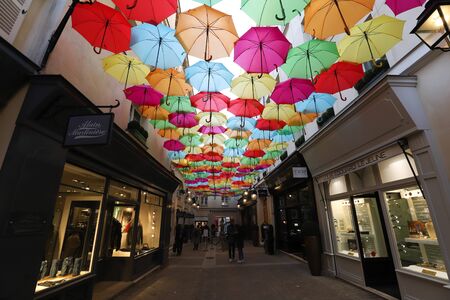 View of Royal Village decorated with umbrellas. It is located near Madeleine in 8th district. Paris. France.のeditorial素材
