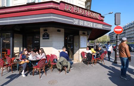 The traditional French cafe Paris-Rome located at Batignolles boulevard in 17 district of Paris, France.のeditorial素材