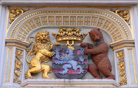 Heraldic lion and bear, town hall Coat of arms , the city arm of Bruges, Belgium, Europe.のeditorial素材