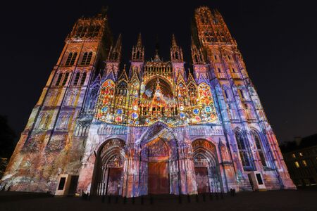 Light show on Cathedral of Notre Dame in the city Rouen.のeditorial素材