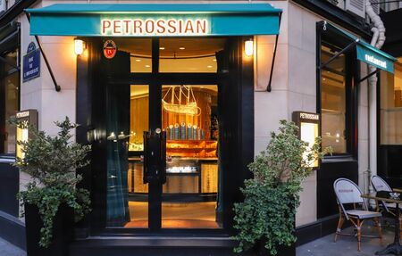 The Facade of Petrossian fish caviar restaurant located in central Parisのeditorial素材