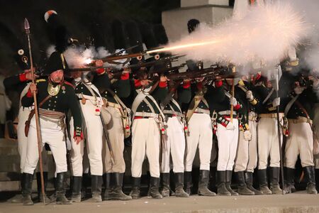 The reenactors from Russia dressed as Napoleon epoch soldiers for celebration the Napoleon birthday who was born in Ajaccio 250 years ago.のeditorial素材