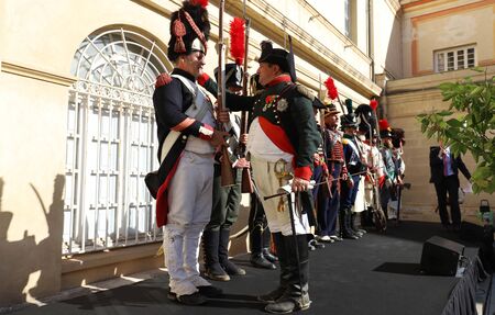 Ajaccio city, Corsica island, France-August 14, 2019 : The reenactors dressed as Napoleon epoch soldiers for celebration the Napoleon birthday who was born in Ajaccio 250 years ago.のeditorial素材