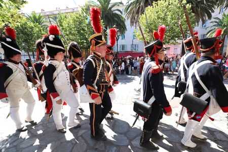 The reenactors dressed as Napoleon epoch soldiers for celebration the Napoleon birthday who was born in Ajaccio 250 years ago.のeditorial素材