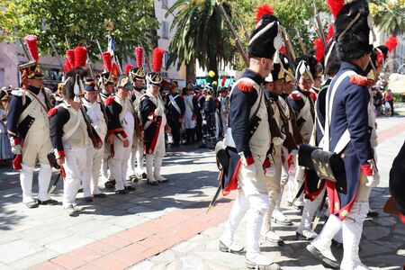 The reenactors dressed as Napoleon epoch soldiers for celebration the Napoleon birthday who was born in Ajaccio 250 years ago.のeditorial素材
