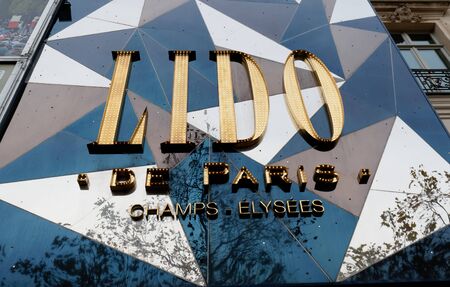 The sign of world famous cabaret club Lido located on Champs-Elysees street.のeditorial素材