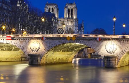 The view of Saint-Michel bridge and the Seine River at night, Paris, France.の写真素材