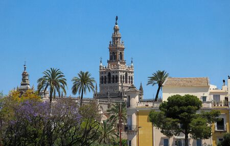 Famous tower of Giralda, Islamic architecture built by the Almohads and crowned by a Renaissance bell tower with the statue of Giraldillo at its highest point, Seville Cathedral.の写真素材