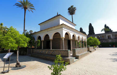The historical Charles V Pavilion with glazed tile decorations in Ladies Garden of Alcazar Gardens in Seville, Spain.のeditorial素材