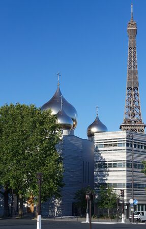 View of the Russian orthodox church Cathedrale of Saint Trinity near the Eiffel Tower in Paris, nicknamed Saint Vladimir. Paris.の写真素材