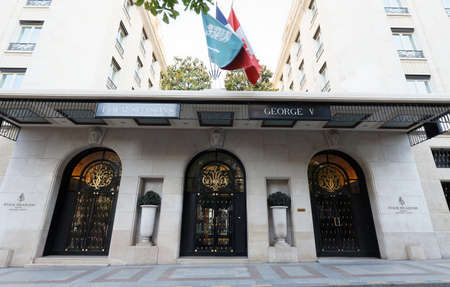 Paris, France-May 31, 2020 : An art-deco landmark built in 1928, Four Seasons Hotel George V is nestled in the Golden Triangle of Paris, just off the historic Champs-Elysees.のeditorial素材