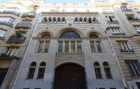 The facade of German evangelical church located in Paris, France.の写真素材