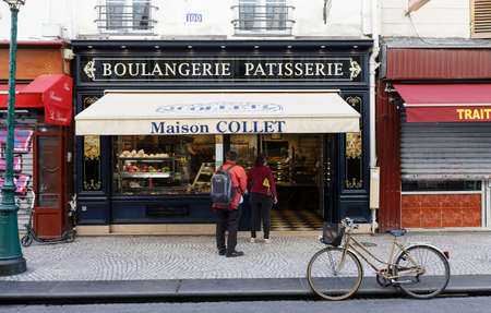 Paris, France-June 01, 2020 : Traditional elegant french bakery shop Maison Collet located at Montorgueil street in Paris.のeditorial素材