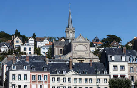 Facade of the cathedral in Trouville-sur-Mer, Romance style, Lower Normandy.の写真素材