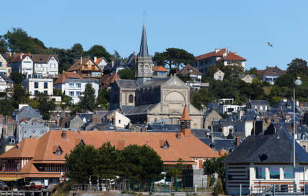 Facade of the cathedral in Trouville-sur-Mer, Romance style, Lower Normandy.の写真素材