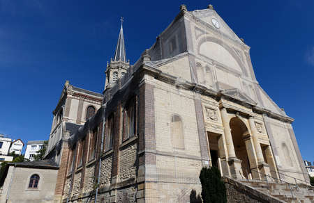 Facade of the cathedral in Trouville-sur-Mer, Romance style, Lower Normandy.の写真素材