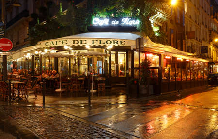 The cafe De Flore located at the corner of boulevard Saint Germain and rue Saint Benoit . It was once home to intellectual stars, from Hemingway to Pablo Picasso.のeditorial素材