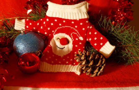 Red sweater, fir branch and Christmas decor on red backgroundの写真素材