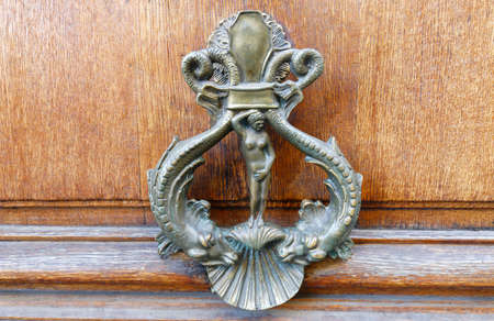Royal style doorknocker on brown door. Paris.の写真素材