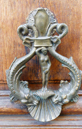 Royal style doorknocker on brown door. Paris.の写真素材