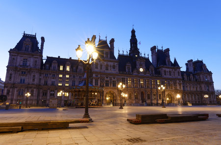 City Hall in Paris at night - building housing City of Paris administration. Franceの写真素材