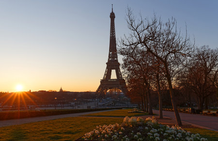 View of the Eiffel tower at sunrise, Paris.の写真素材