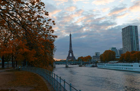 View of the Eiffel tower and Seine river at sunrise, Paris.の写真素材