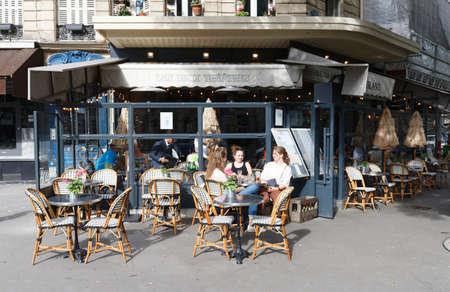 Cafe Les Deux Theatres is traditional French cafe located in Les Halles district in Paris., France.のeditorial素材