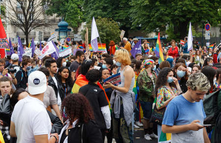 People take part in the Gay Pride - also known as the lesbian, gay, bisexual and transgender people- LGBT pride March 26 June 2021 at the streets of Paris, France.のeditorial素材