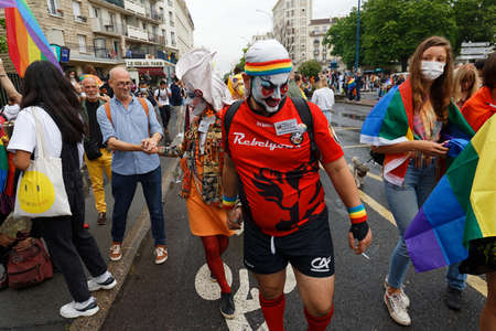 People take part in the Gay Pride - also known as the lesbian, gay, bisexual and transgender people- LGBT pride March 26 June 2021 at the streets of Paris, France.のeditorial素材