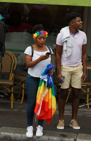 People take part in the Gay Pride - also known as the lesbian, gay, bisexual and transgender people- LGBT pride March 26 June 2021 at the streets of Paris, France.のeditorial素材