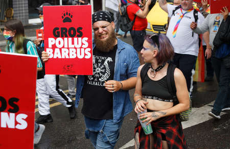 People take part in the Gay Pride - also known as the lesbian, gay, bisexual and transgender people- LGBT pride March 26 June 2021 at the streets of Paris, France.のeditorial素材