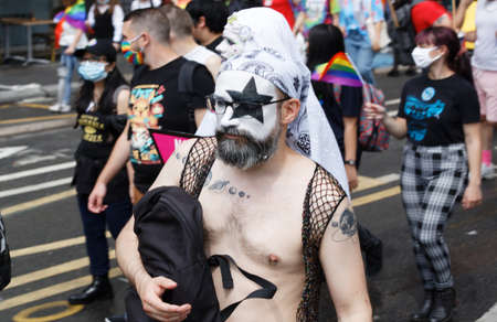 People take part in the Gay Pride - also known as the lesbian, gay, bisexual and transgender people- LGBT pride March 26 June 2021 at the streets of Paris, France.のeditorial素材