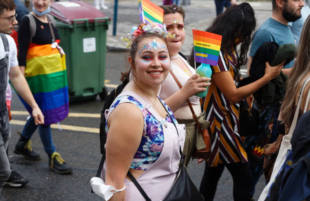 People take part in the Gay Pride - also known as the lesbian, gay, bisexual and transgender people- LGBT pride March 26 June 2021 at the streets of Paris, France.のeditorial素材