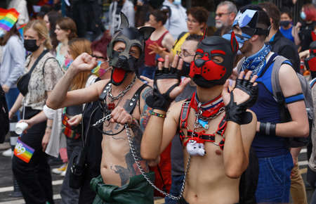 People take part in the Gay Pride - also known as the lesbian, gay, bisexual and transgender people- LGBT pride March 26 June 2021 at the streets of Paris, France.のeditorial素材