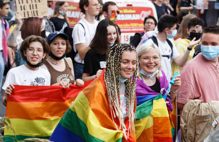 People take part in the Gay Pride - also known as the lesbian, gay, bisexual and transgender people- LGBT pride March 26 June 2021 at the streets of Paris, France.のeditorial素材