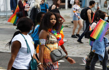 People take part in the Gay Pride - also known as the lesbian, gay, bisexual and transgender people- LGBT pride March 26 June 2021 at the streets of Paris, France.のeditorial素材