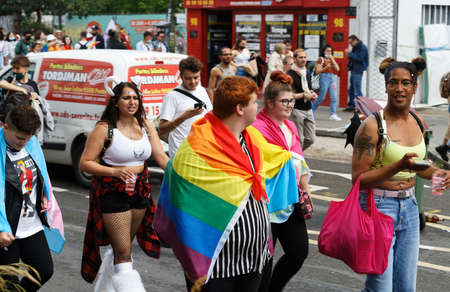 People take part in the Gay Pride - also known as the lesbian, gay, bisexual and transgender people- LGBT pride March 26 June 2021 at the streets of Paris, France.のeditorial素材