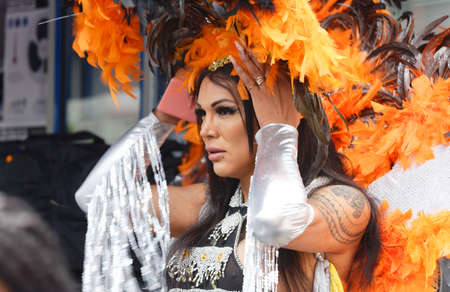 Participant in the Gay Pride - also known as the lesbian, gay, bisexual and transgender people- LGBT pride March 26 June 2021 at the streets of Paris, France.のeditorial素材