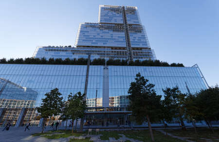 View of the new and modern judicial court of Paris . Situated in the urban development zone of Clichy Batignolles on the northern edge of Paris .のeditorial素材