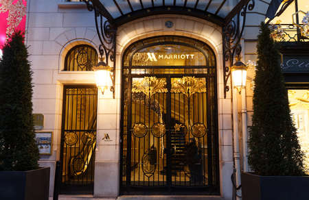 Marriott Hotel at night in Paris, along the Champs de Elysees, one of the most famous boulevards in the world.のeditorial素材