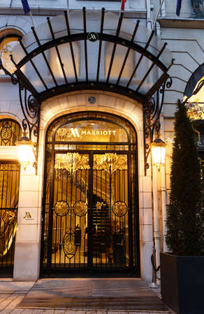 Marriott Hotel at night in Paris, along the Champs de Elysees, one of the most famous boulevards in the world.のeditorial素材