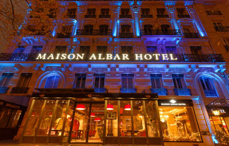 Maison Albar Hotel at night in Paris located just metres away from the Triumphal Arch in Paris, France.のeditorial素材